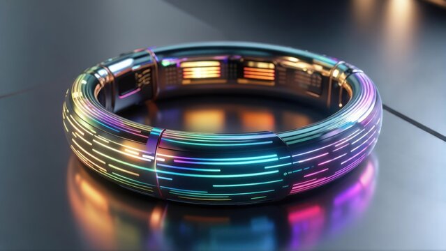 Futuristic, glossy ring glows with vibrant neon colors, resting on a metallic surface - Powered by Adobe