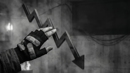 Gloved hand reaches toward jagged arrow pointing downward symbolizing risk and need for ai controls in uncertain environments