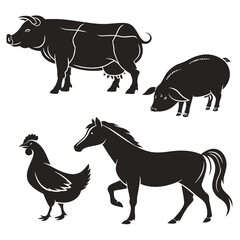 Black farm animal silhouettes on white background farm animals