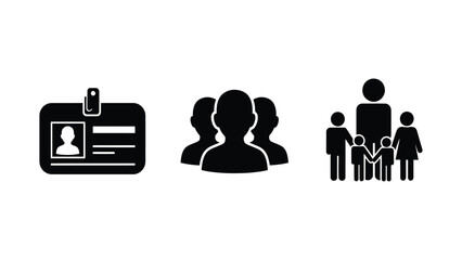 Business, Team, and Family Icons Set: ID Card, User Group, and People Silhouettes Vector Illustration