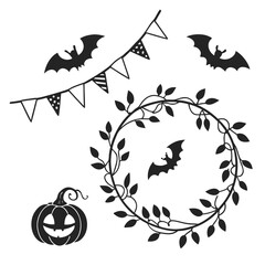 Black Halloween icons pumpkin bats garland vine wreath