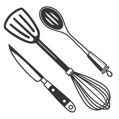 Black kitchen utensils set on white background cooking