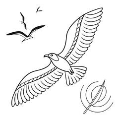 Black line art flying seagulls and abstract feather symbol