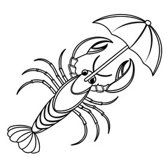 Black line art lobster holding an umbrella black and white