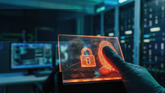 Futuristic ai security system uses fingerprint recognition and risk controls to protect data with advanced technology in dark server room - Powered by Adobe