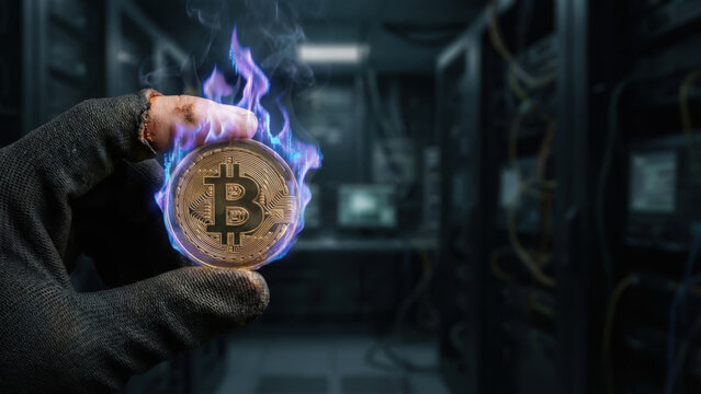 Gloved hand holds burning coin symbolizing ai risk and controls in digital currency with dark server room background creating tense atmosphere