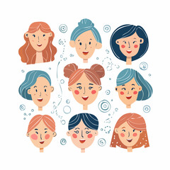 Adorable collection of diverse female faces. Minimalist doodle art with unique hairstyles, cheerful expressions, celebrating individuality and community