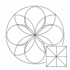 Black outline geometric flower and square grid pattern