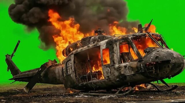The mangled, burning wreckage of a helicopter fuselage on the ground. Heavy flames and thick, dark plumes of smoke rising steadily. 