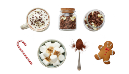 Collection of hot chocolate ingredients and toppings like marshmallow, candy cane, gingerbread man, and chocolate shavings isolated on transparent background