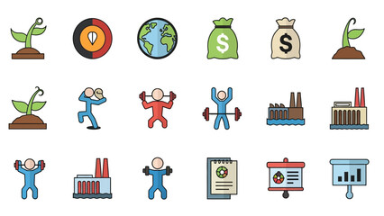 Flat Vector Icon Set: Business Growth, Finance, Industry, Nature, and Fitness Symbols Collection