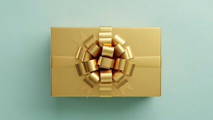 Golden Gift Box with Ribbon on Light Blue Background