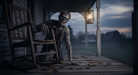 Porch Zombie Ambush Ultra-realistic shot of a farmhouse porch, a incredibly detailed zombie figure with peeling gray skin