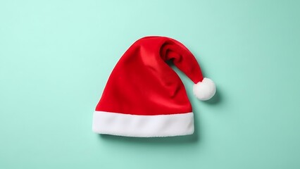 Red Santa Hat on Light Blue Background, Christmas Holiday Season