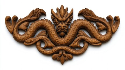 Obraz premium Carved wooden dragon emblem isolated on white background