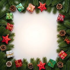 Christmas Frame with Fir Branches, Gifts and Ornaments