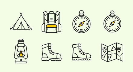 Camping equipment icons tent backpack compass lantern boots map © Insto