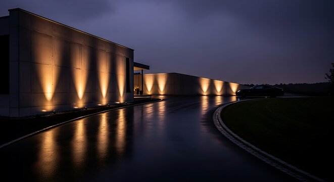 Rain-slicked driveway leading to a modern German home at night, architectural uplighting reflecting on the wet asphalt and dark concrete facade