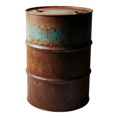 Old rusty metal oil drum with peeling blue paint isolated on white isolated on transparent background