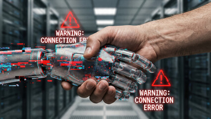 Human hand shaking robotic hand with ai risk controls warning connection error in server room for technology and security concept