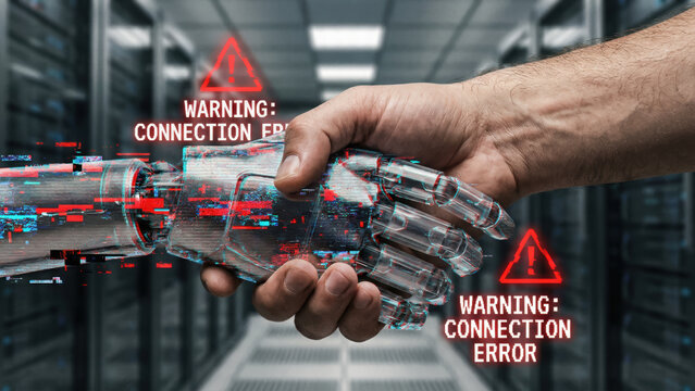 Human hand shaking robotic hand with ai risk controls warning connection error in server room for technology and security concept
