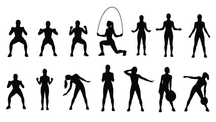 Fototapeta premium Set of Female Fitness and Workout Silhouettes Performing Various Exercises: Squats, Lunges, Stretching, and Jump Rope. Vector Illustration Collection.