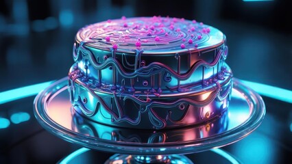 A futuristic, layered metallic cake with neon pink icing and embellishments on a glass stand