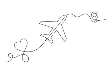 One line art plane heart trail leading to location map pin