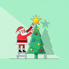 Santa Claus Decorating Christmas Tree with Star Topper