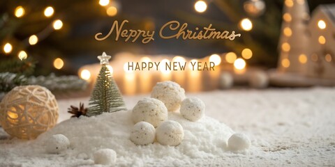 Festive winter wonderland scene with miniature christmas tree and snow illuminated by warm bokeh lights and candles wishing merry christmas and happy new year
