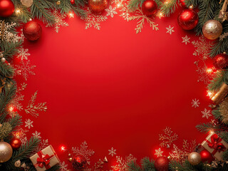 Festive Christmas and New Year banner featuring a bright winter arrangement of holiday elements. Red and white seasonal ornaments, wrapped presents and cheerful decorations are placed around the edges