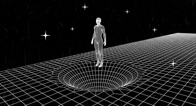 Retro futuristic wireframe human figure floating over a grid wormhole in digital space