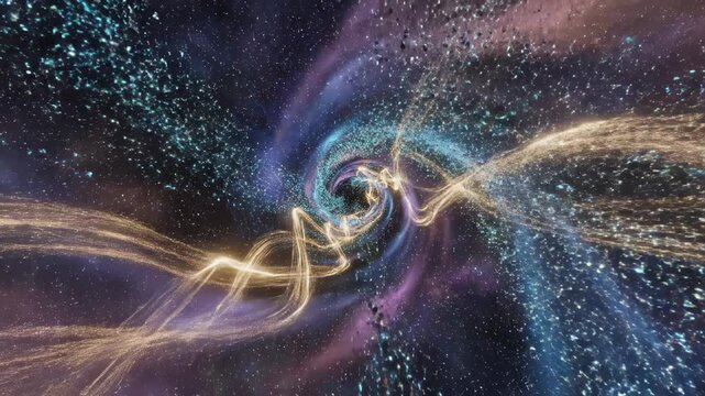 Seamlessly looping abstract simulation of dark matter particles rapidly flowing through a complex multidimensional space energy, theoretical physics, digital