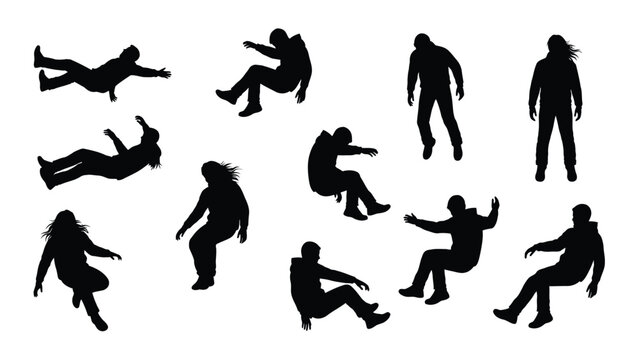 Set of Vector Silhouettes of People Floating, Falling, and Sitting in Mid-Air. Isolated Dynamic Human Figures in Various Freefall Poses.