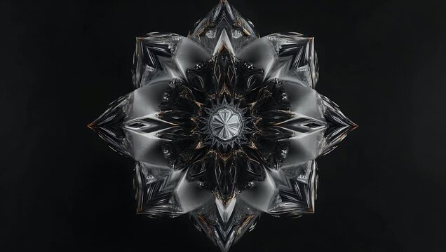 Abstract 4K video of a black and white geometric shape with an intricate petal structure that actively twirls and rotates featuring soft subtle hues and a hint of gold for artistic effect