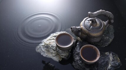Traditional Tea Ceremony with Ceramic Teapot and Teacups on Stone Rocks
