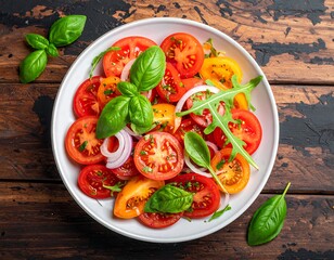 Sliced heirloom tomatoes and basil salad, served in a white bowl