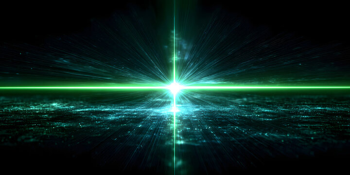 Moving fast green laser light beams isolated on black background. Abstract light effect. Green lens flare. Horizontal rays glowing in the dark - Powered by Adobe