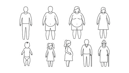 Vector Line Icons Set of Human Body Shapes and Demographics: Thin, Overweight/Obese, Pregnant Woman, Infant, Child, and Elderly People Figures