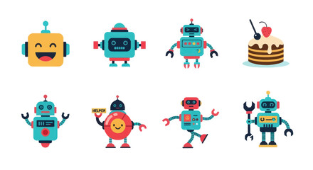 Collection of colorful cartoon robots and a cake on white background
