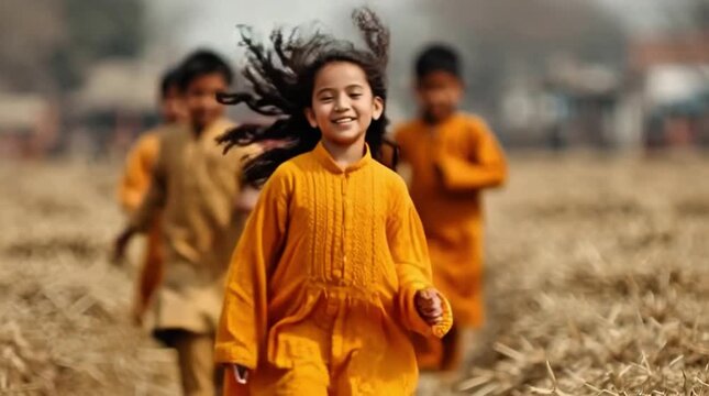 Joyful Children Running Through Dry Paddy Field in Orange Clothes