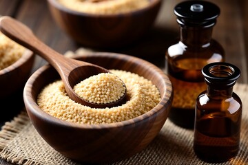 Couscous and Essential Oil: A culinary still life showcases golden couscous in wooden bowls, accompanied by a wooden spoon and small vials of essential oil, all artfully arranged on a rustic surface.