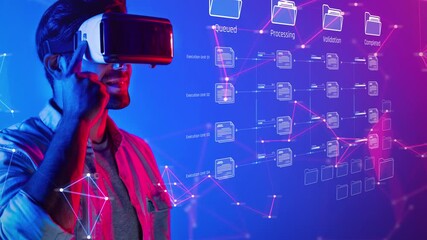A person wearing a virtual reality headset engages with futuristic data processing visuals, highlighting the intersection of technology and immersive digital experiences. Raster - Powered by Adobe