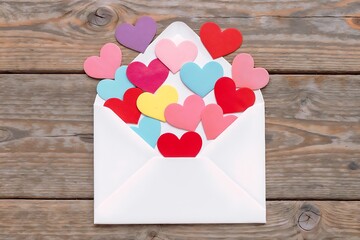 Love's Whispers: A cascade of vibrant, heart-shaped tokens overflows from an opened envelope, revealing messages of affection against a rustic wood texture. 