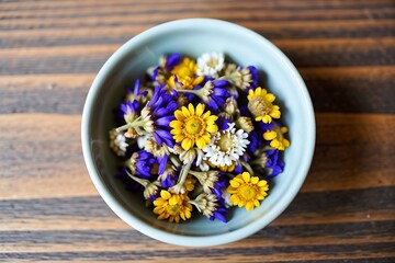 Floral Treasures in a Ceramic Bowl: A vibrant assortment of delicate, dried flowers in hues of purple, yellow, and white, delicately arranged within a charming ceramic bowl.