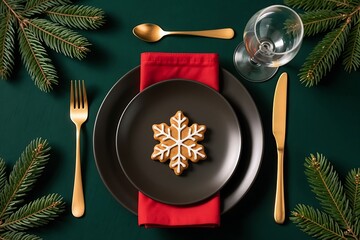 Festive Dining: Christmas setting with plates, silverware, glass and decorative snowflake cookie. A sense of festive preparation, where the anticipation of a special meal is palpable. 