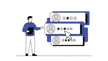 Business Man Evaluating Customer Feedback and Online Reviews with Star Rating System Interface
