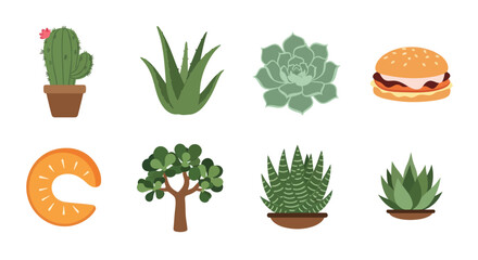 Collection of colorful vector illustrations of plants and food items © Insto