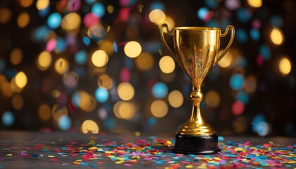 Golden trophy stands on dark surface with colorful confetti. Blurred bokeh lights in background create festive atmosphere for award ceremony victory celebration. High quality