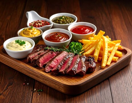 Sliced steak with sides of sauces and fries on a wooden tray
